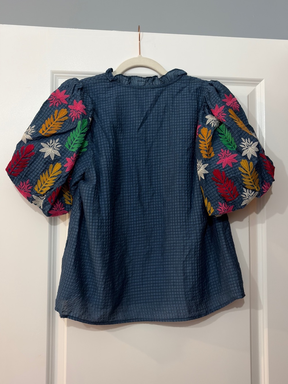 Navy Textured Puff Sleeve Blouse with Multicolor Embroidery - Picture 4 of 9